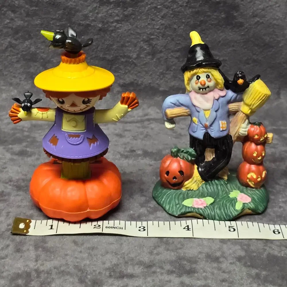 Solar Dancing Halloween Scarecrow Girl on Pumpkin & Crow Pumpkin Figurine Decor
